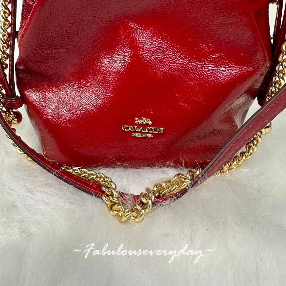 Coach Faye Mini Drawstring Bag In Crinkle Leather/Gold/Dark Cardinal CDB68 NWT - Picture 5 of 8
